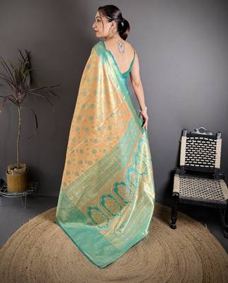beige kanjeevaram silk blend zari woven saree with unstitched blouse piece. 4