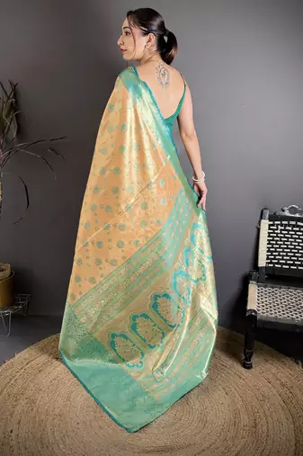 beige kanjeevaram silk blend zari woven saree with unstitched blouse piece.