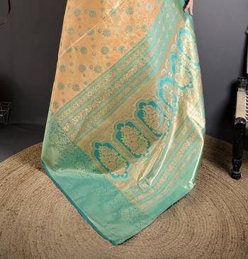 beige kanjeevaram silk blend zari woven saree with unstitched blouse piece. 5