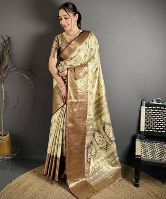 cream kanjeevaram silk blend zari woven saree with unstitched blouse piece. 2