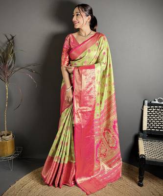 green kanjeevaram silk blend zari woven saree with unstitched blouse piece. 2
