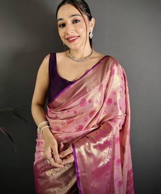 pink kanjeevaram silk blend zari woven saree with unstitched blouse piece. 1