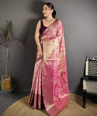 pink kanjeevaram silk blend zari woven saree with unstitched blouse piece. 2