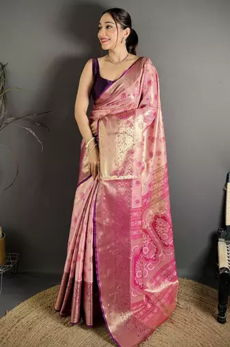 pink kanjeevaram silk blend zari woven saree with unstitched blouse piece.