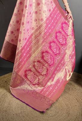 pink kanjeevaram silk blend zari woven saree with unstitched blouse piece. 5