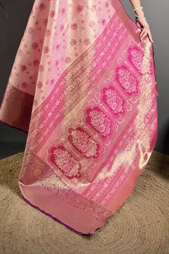 pink kanjeevaram silk blend zari woven saree with unstitched blouse piece.