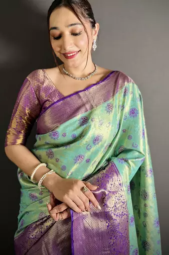 rama kanjeevaram silk blend zari woven saree with unstitched blouse piece.