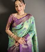rama kanjeevaram silk blend zari woven saree with unstitched blouse piece.