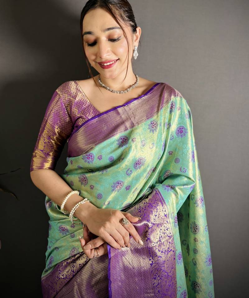 rama kanjeevaram silk blend zari woven saree with unstitched blouse piece.