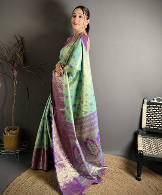 rama kanjeevaram silk blend zari woven saree with unstitched blouse piece. 3
