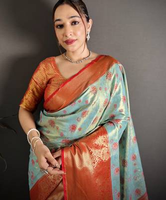 sky blue kanjeevaram silk blend zari woven saree with unstitched blouse piece. 1