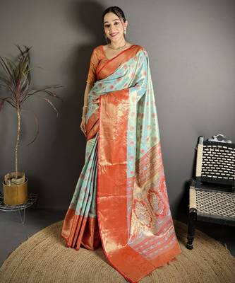 sky blue kanjeevaram silk blend zari woven saree with unstitched blouse piece. 2