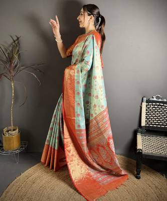 sky blue kanjeevaram silk blend zari woven saree with unstitched blouse piece. 3
