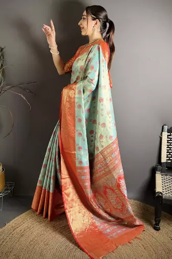 sky blue kanjeevaram silk blend zari woven saree with unstitched blouse piece.