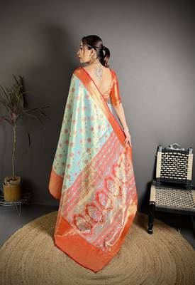 sky blue kanjeevaram silk blend zari woven saree with unstitched blouse piece. 4