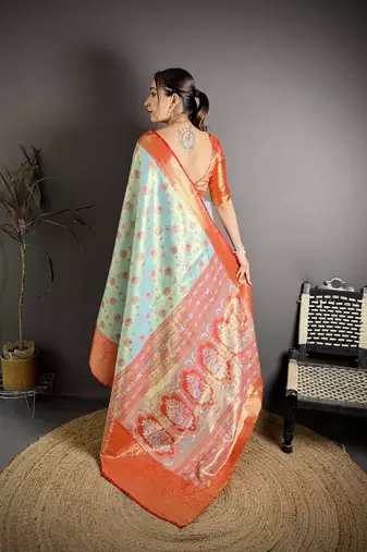 sky blue kanjeevaram silk blend zari woven saree with unstitched blouse piece.