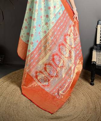 sky blue kanjeevaram silk blend zari woven saree with unstitched blouse piece. 5