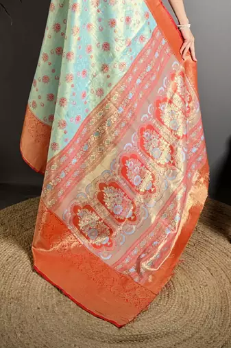 sky blue kanjeevaram silk blend zari woven saree with unstitched blouse piece.