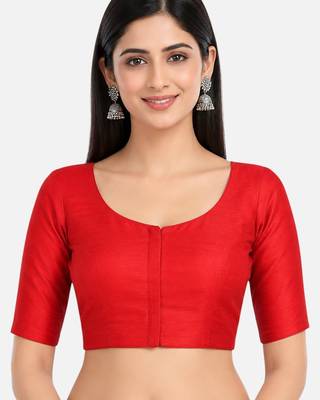 Red silk solid plain round neck half sleeve readymade saree blouse 1