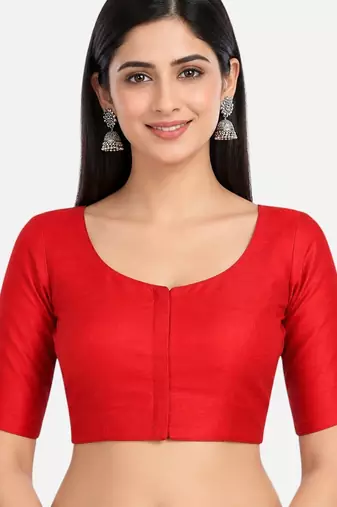 Red silk solid plain round neck half sleeve readymade saree blouse
