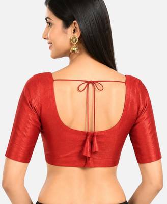 Red silk solid plain round neck half sleeve readymade saree blouse 2