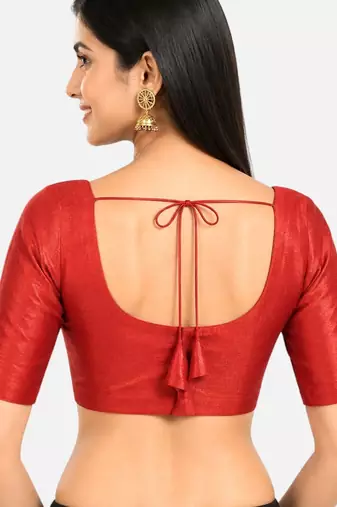 Red silk solid plain round neck half sleeve readymade saree blouse