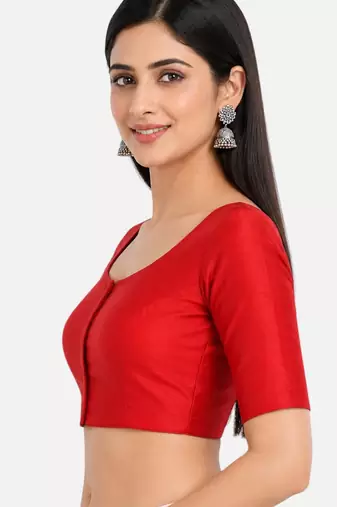Red silk solid plain round neck half sleeve readymade saree blouse