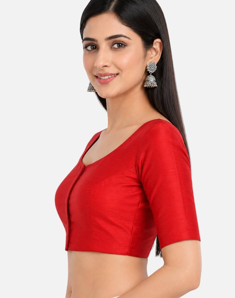 Red silk solid plain round neck half sleeve readymade saree blouse