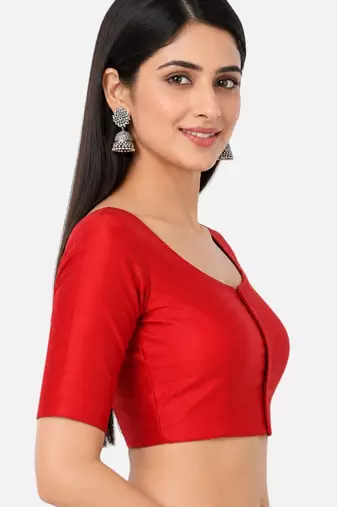 Red silk solid plain round neck half sleeve readymade saree blouse