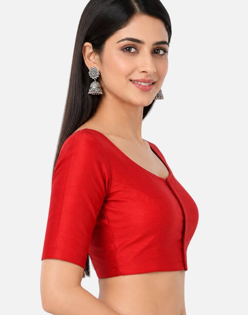 Red silk solid plain round neck half sleeve readymade saree blouse