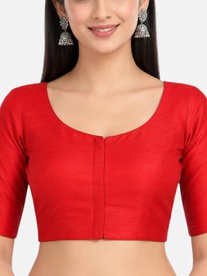 Red silk solid plain round neck half sleeve readymade saree blouse 5