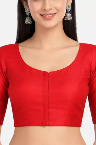 Red silk solid plain round neck half sleeve readymade saree blouse
