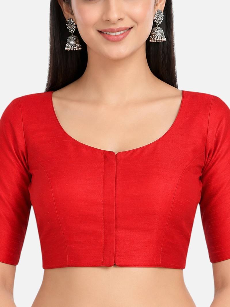 Red silk solid plain round neck half sleeve readymade saree blouse