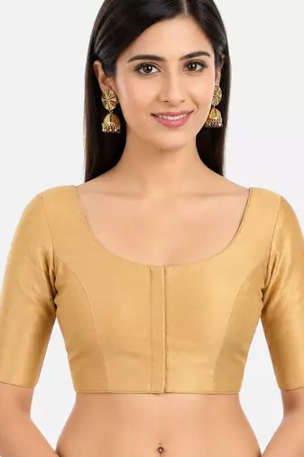 Gold silk solid plain round neck half sleeve readymade saree blouse
