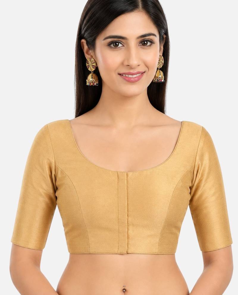 Gold silk solid plain round neck half sleeve readymade saree blouse