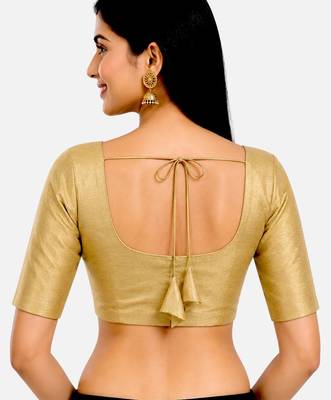 Gold silk solid plain round neck half sleeve readymade saree blouse 2