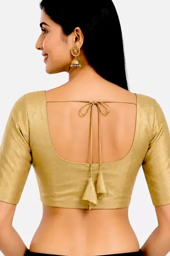 Gold silk solid plain round neck half sleeve readymade saree blouse