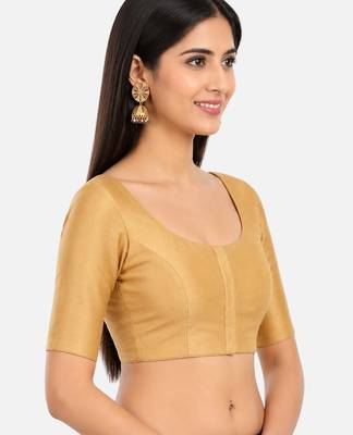 Gold silk solid plain round neck half sleeve readymade saree blouse 3