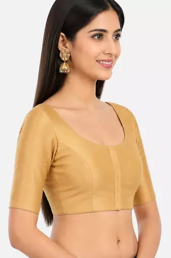 Gold silk solid plain round neck half sleeve readymade saree blouse