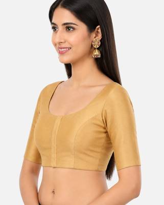 Gold silk solid plain round neck half sleeve readymade saree blouse 4