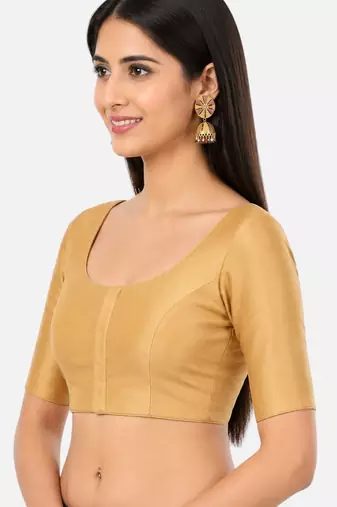 Gold silk solid plain round neck half sleeve readymade saree blouse