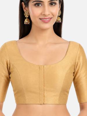 Gold silk solid plain round neck half sleeve readymade saree blouse 5