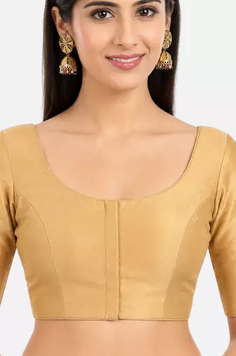 Gold silk solid plain round neck half sleeve readymade saree blouse