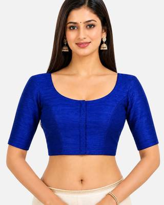 Royal blue silk solid plain round neck half sleeve readymade saree blouse 1