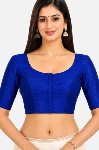 Royal blue silk solid plain round neck half sleeve readymade saree blouse