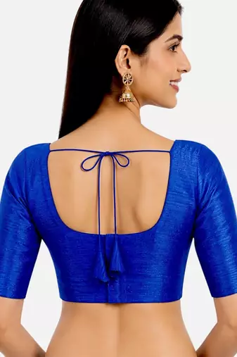 Royal blue silk solid plain round neck half sleeve readymade saree blouse
