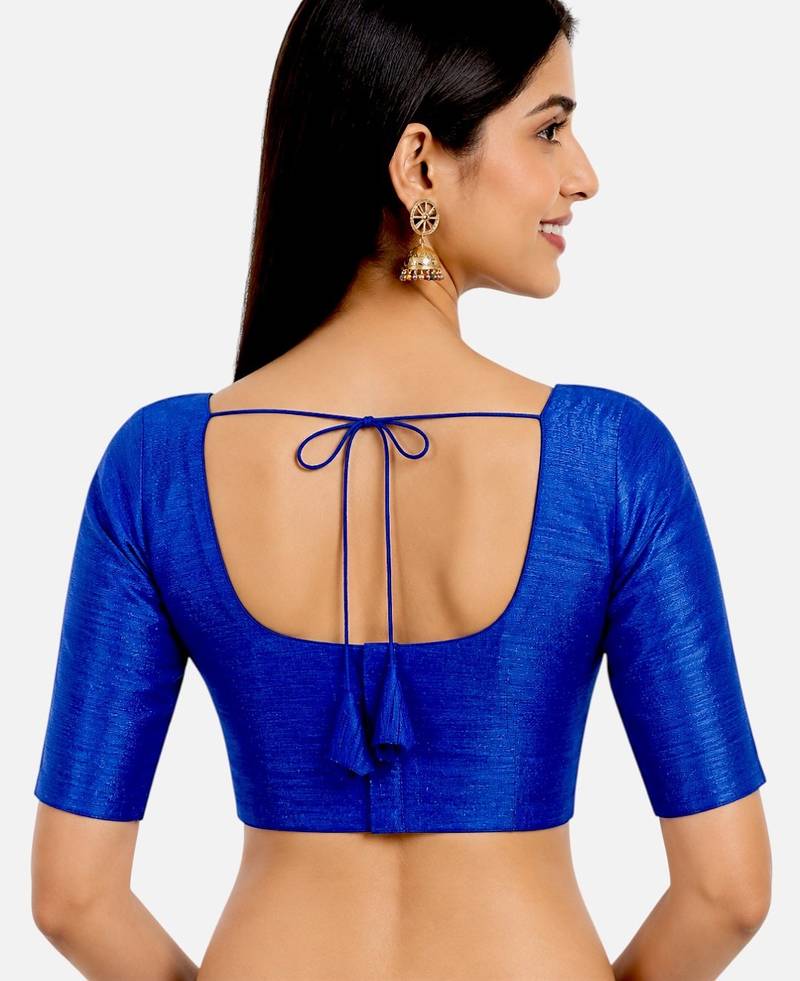 Royal blue silk solid plain round neck half sleeve readymade saree blouse