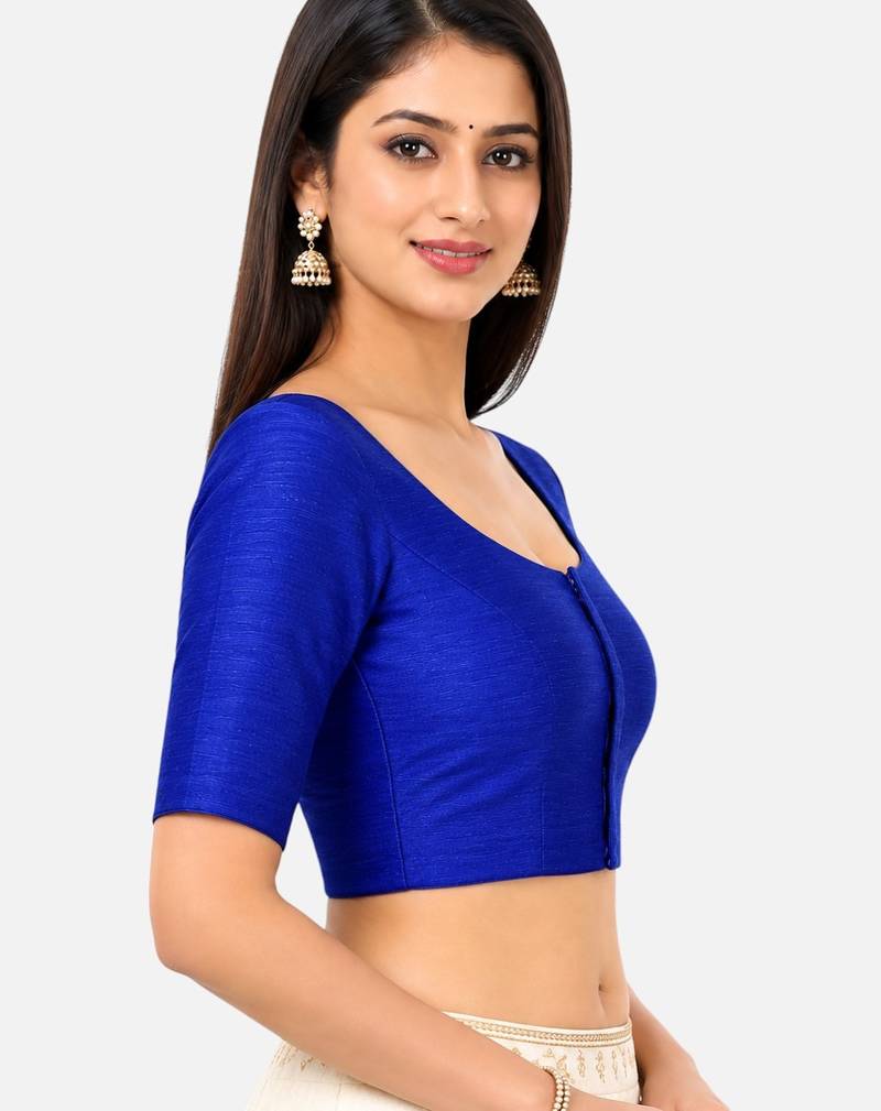 Royal blue silk solid plain round neck half sleeve readymade saree blouse