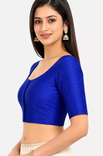 Royal blue silk solid plain round neck half sleeve readymade saree blouse