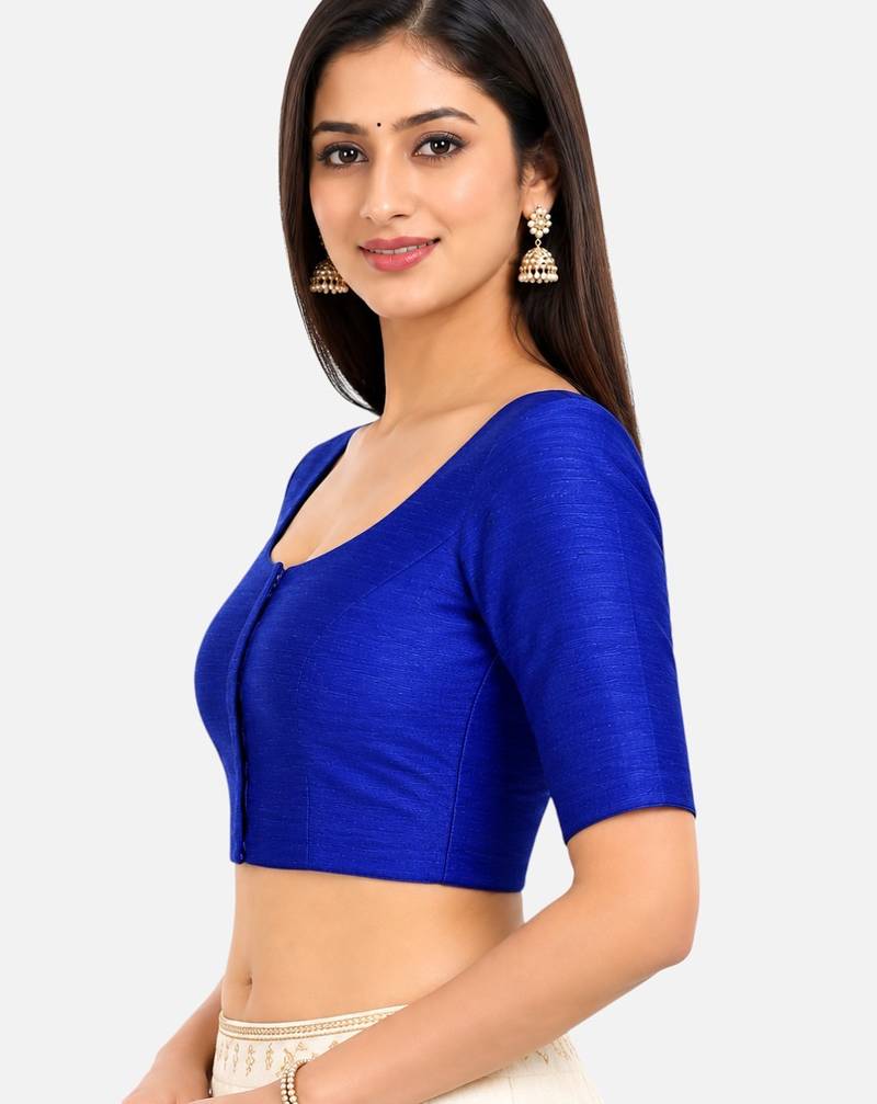 Royal blue silk solid plain round neck half sleeve readymade saree blouse